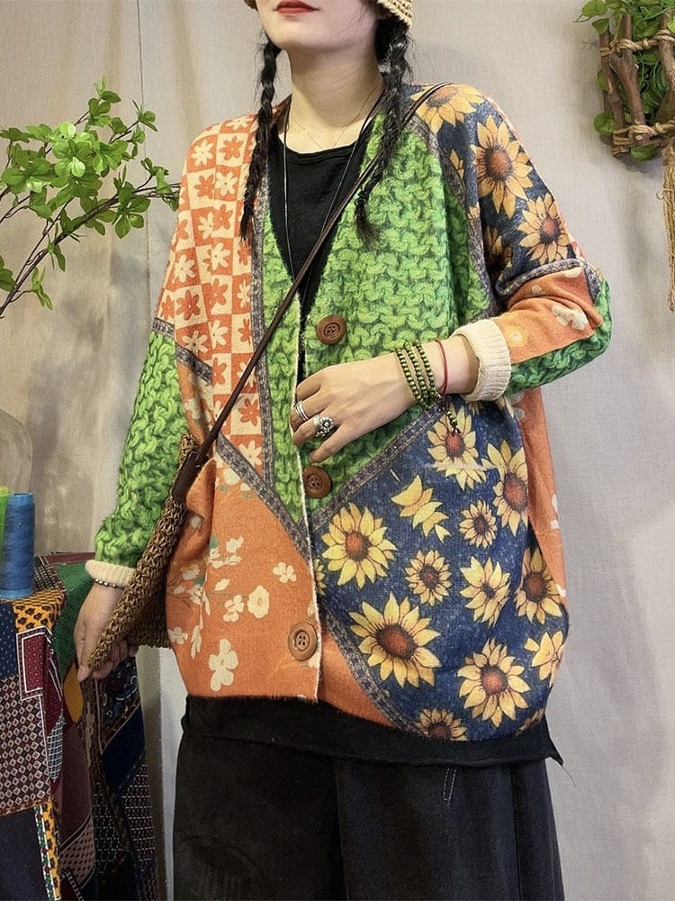 Buddhatrends Floral Knitted Loose Cardigan