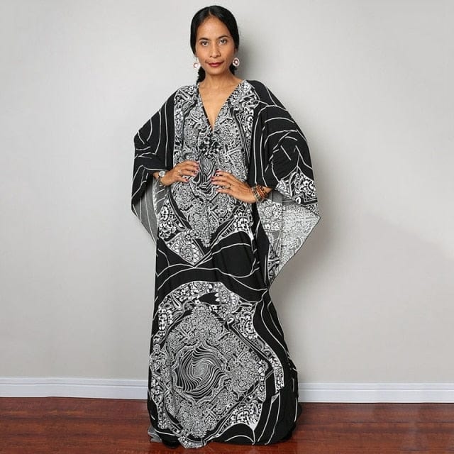 Buddhatrends Geometria Black &amp; White Kaftan Dress