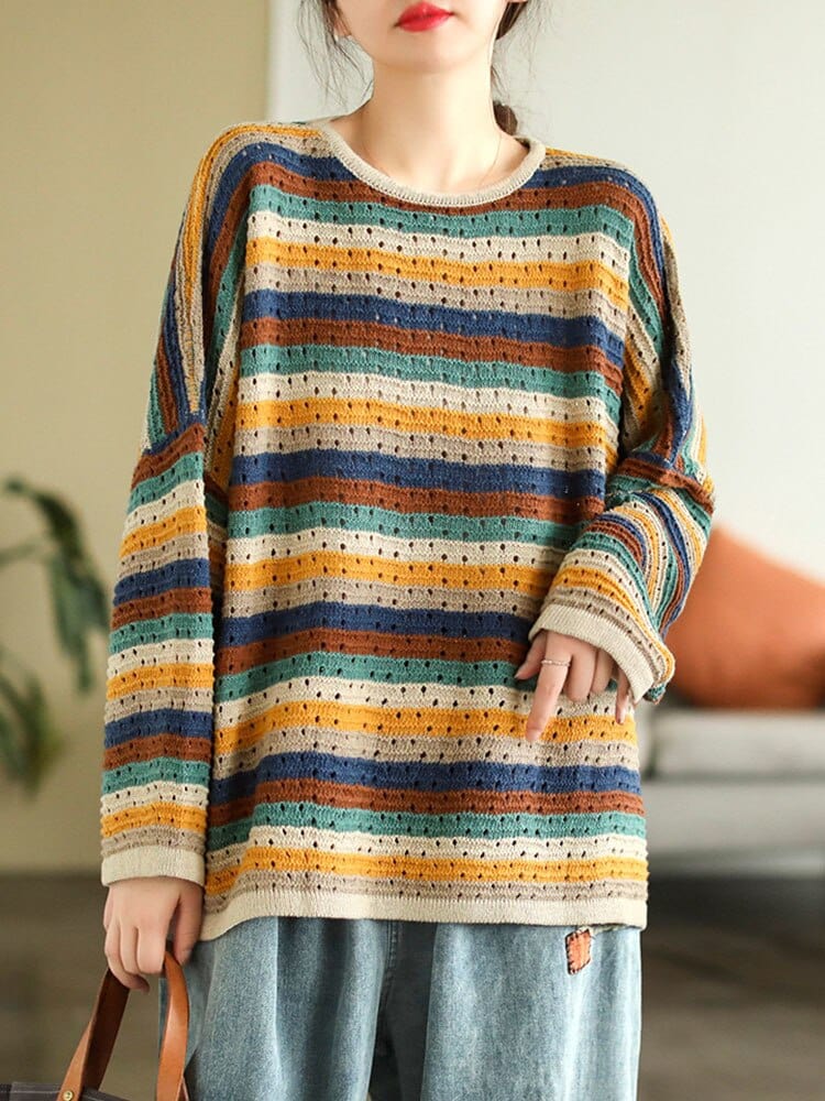 Buddhatrends Grey / One Size O-Neck Vintage Striped Sweater