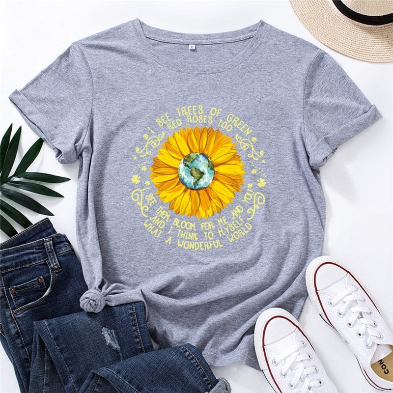 Buddhatrends Grey / S New Daisy Floral Cotton T-Shirt