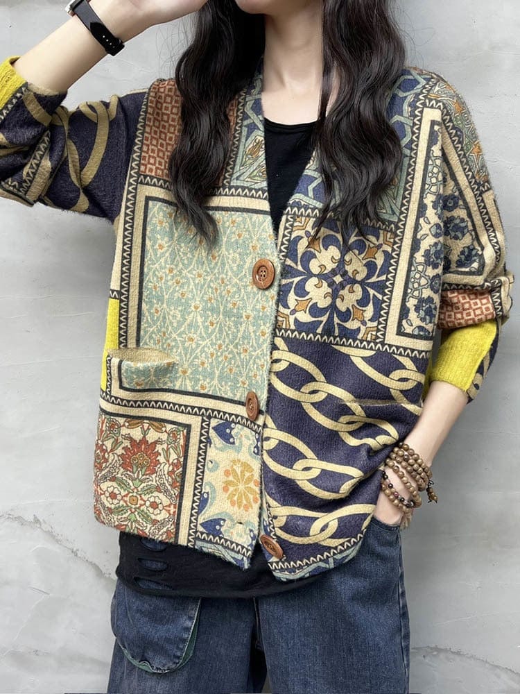 Buddhatrends Haraju Loose Printed Knitted Cardigan