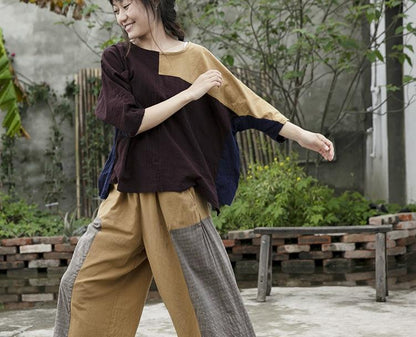 Свободные брюки из хлопка и льна в стиле пэчворк | Лотос