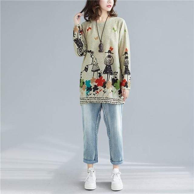 Buddhatrends Khaki / Suéter de manga comprida com desenhos coloridos de tamanho único