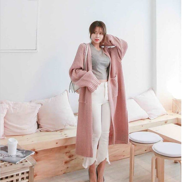 Buddhatrends Long Oversized Cardigan pink / One Size Loose Knitted Sweater Cardigan