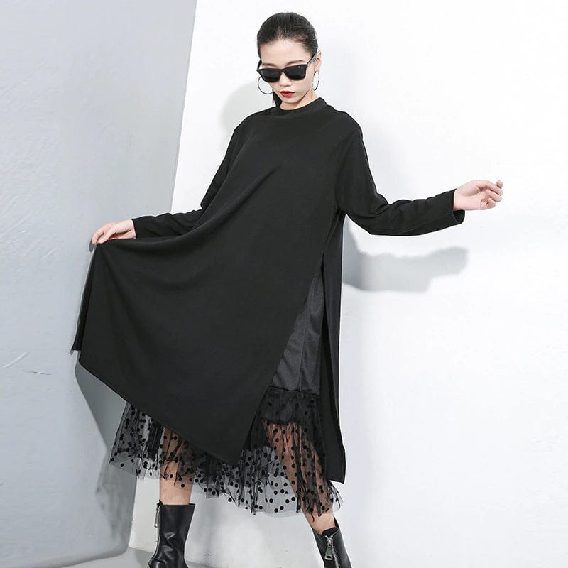 Φόρεμα Buddhatrends μακρυμάνικο μαύρο διχτυωτό