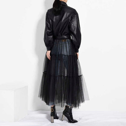 Buddhatrends Loose Fit Black Mesh Leather Coat