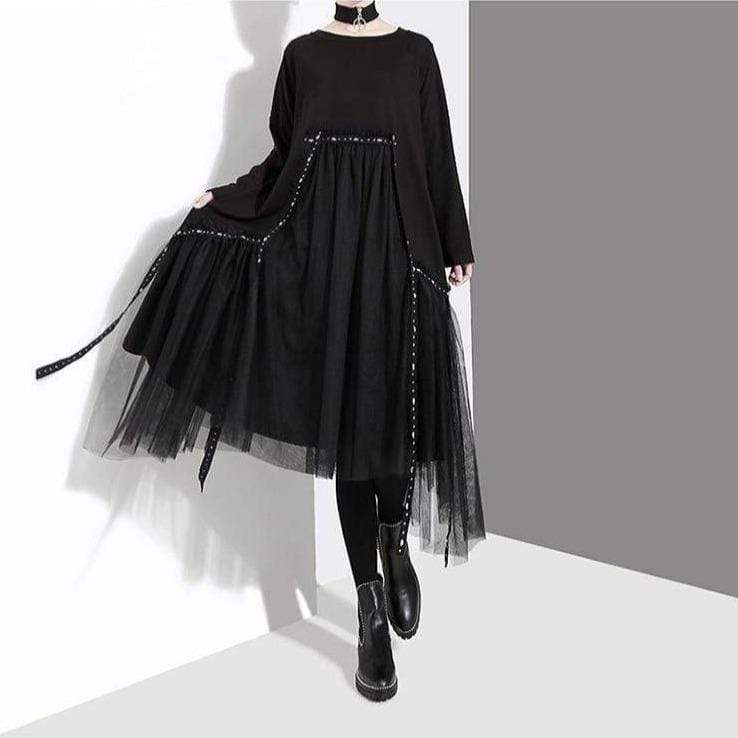 بوذا ترندز ميدي فستان أسود شبكي كبير الحجم | جيل الألفية