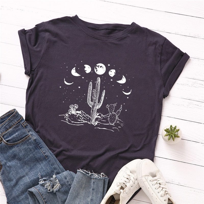 Buddhatrends Moon Cactus Printed Cotton T-Shirt
