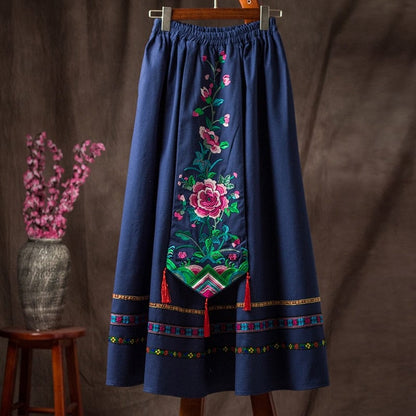 Buddhatrends Navy Blue / One Size Embroidery Elastic Floral Midi Skirt