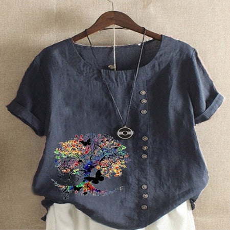Buddhatrends Navy Blue / S Jania Tree Printed O-Neck Blouse