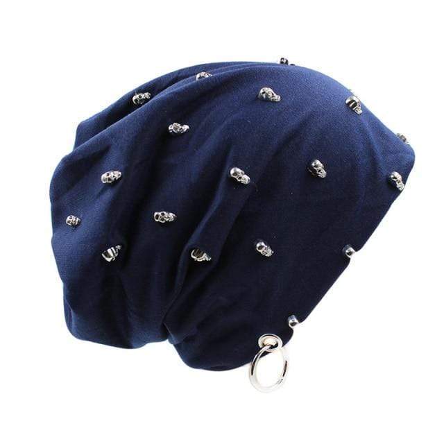 Buddhatrends Navy Blue Skulls and Bones Studded Beanie Hat