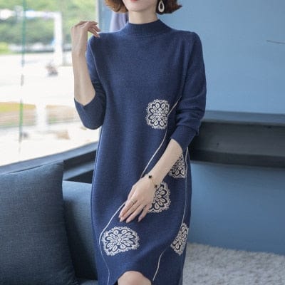 Вязаное платье-свитер темно-синего цвета / L с цветочным принтом Buddhatrends