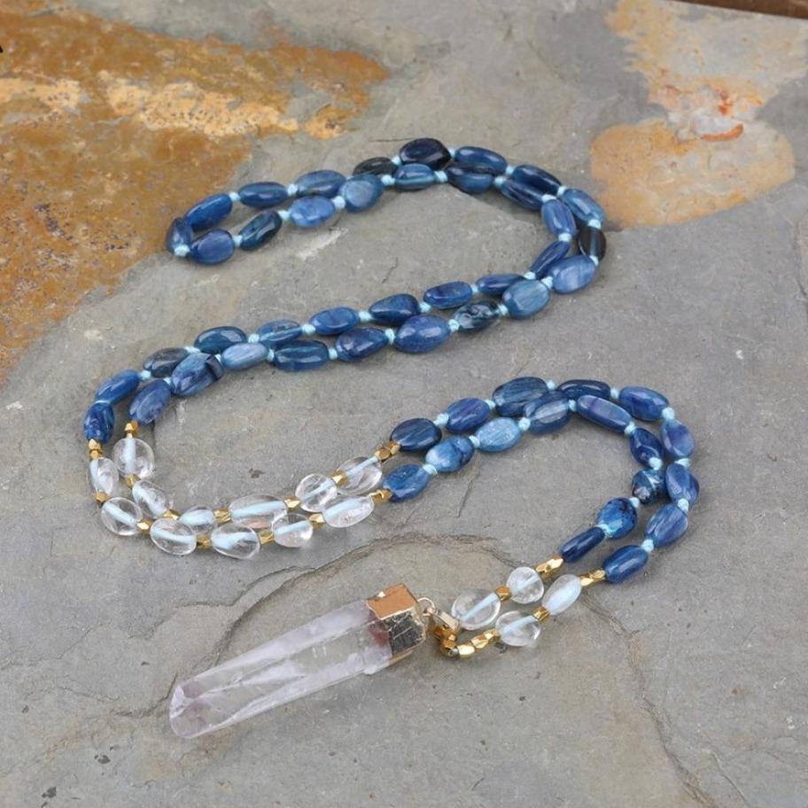 Buddhatrends Halskette 80cm lange blaue Kyanit weiße Quarz Halskette