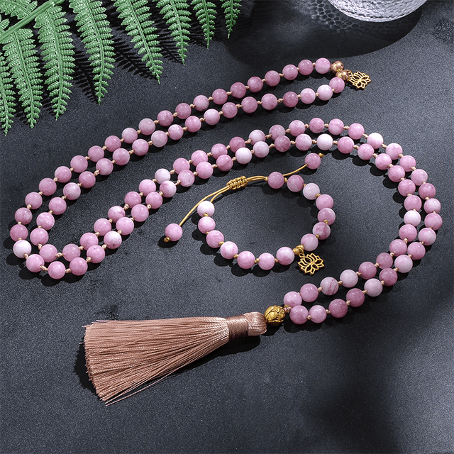 Buddhatrends Necklace + Bracelet Set Lotus Kunzite 108 Mala Beads Tassel Necklace Set