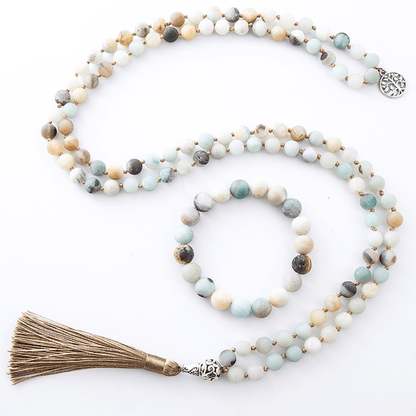 Buddhatrends Necklace + Bracelet Set Matte Amazonite 108 Mala Beads Set ready