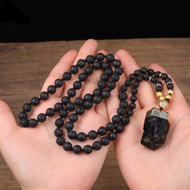 Buddhatrends Halskette Gold 108 Stück 2 natürliche schwarze Turmalin Mala Halskette