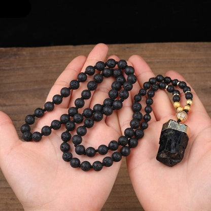 Buddhatrends Necklace Gold 40 Inch 2 Natural Black Tourmaline Mala Necklace