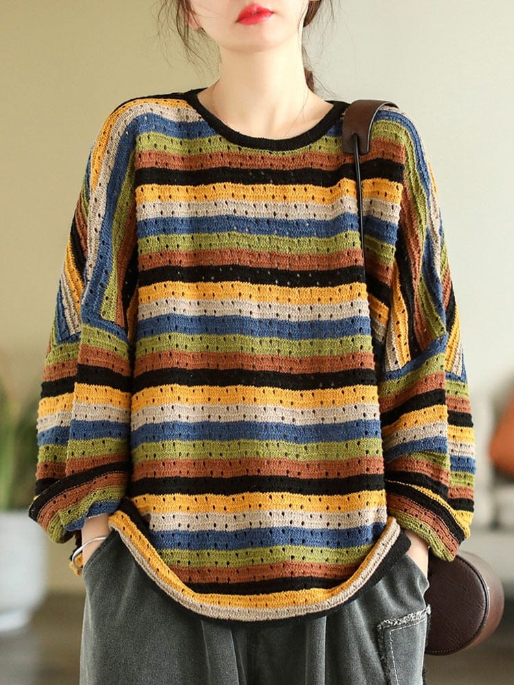 Buddhatrends O-Neck Vintage Striped Sweater