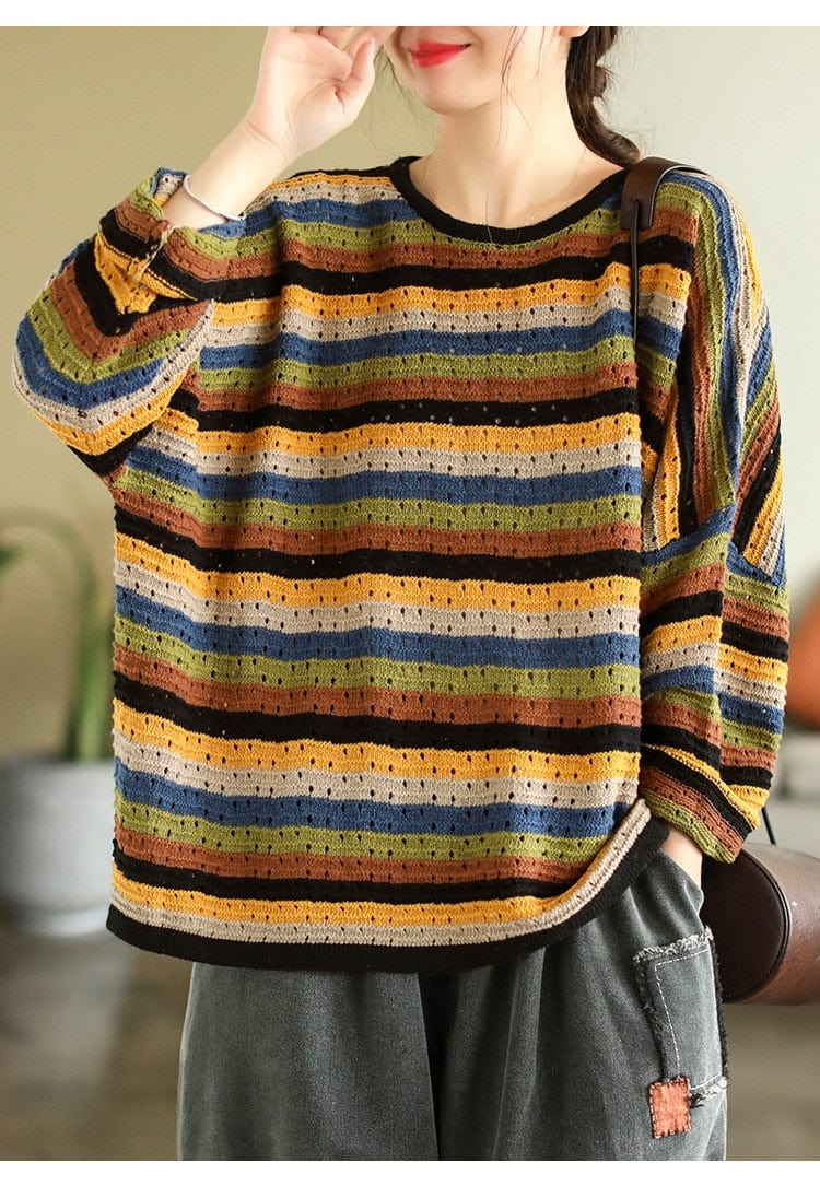 Buddhatrends O-Neck Vintage Striped Sweater