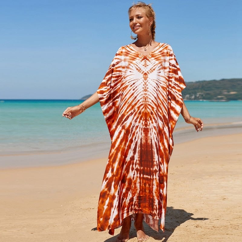 Buddhatrends Laranja / Plus Size Vestido de praia plus size tie-dye