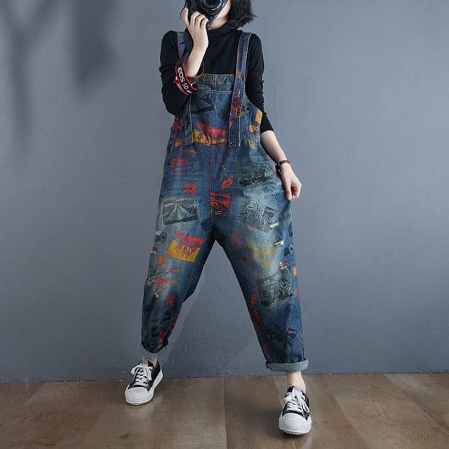 Buddhatrends Overall XL / 5045 Blue Abstract Painting Salopette di jeans vintage