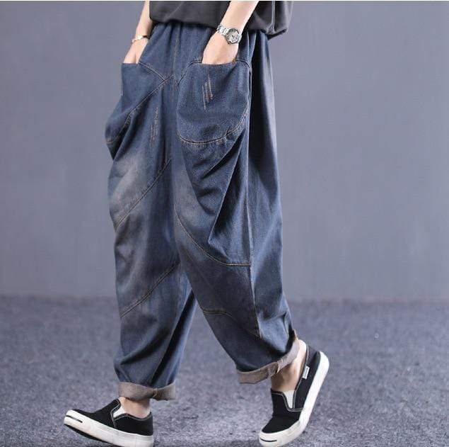 Pantalon Buddhatrends Bleu / M Jeans plissés vintage surdimensionnés