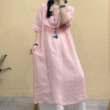 Buddhatrends Pink / One Size Retro Ramie Patchwork Dress