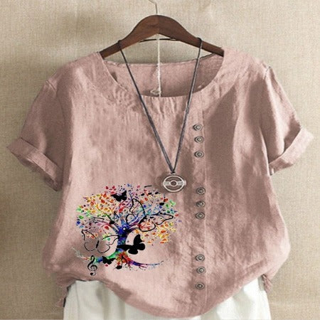 Buddhatrends Pink / S Jania Tree Printed O-Neck Blouse