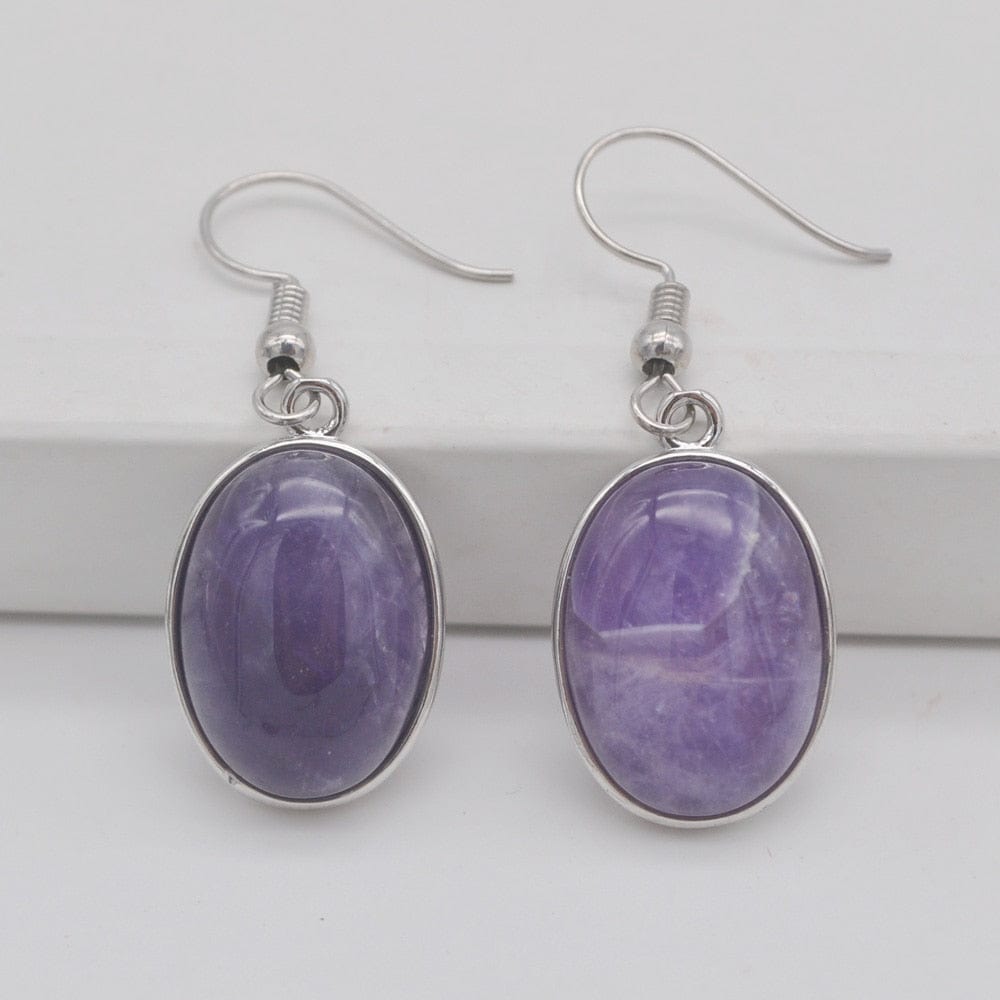 Buddhatrends Purple Crystal Natural Stone Oval Earrings