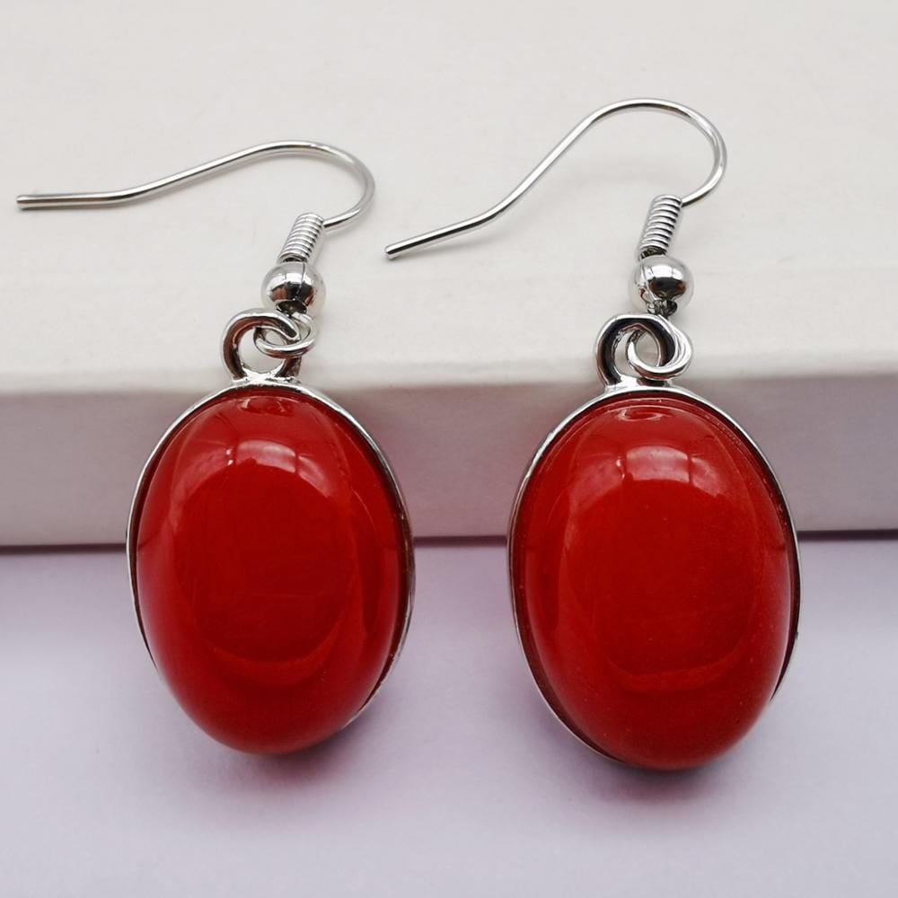 Buddhatrends Red  Jade Natural Stone Oval Earrings
