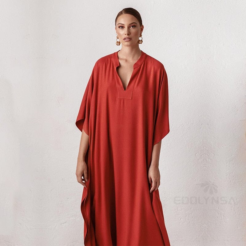 Buddhatrends Red / One Size Long Red V-neck Maxi Dress
