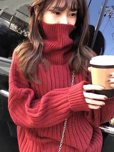 Buddhatrends Red / One Size Oversized Turtleneck Knitted Sweater