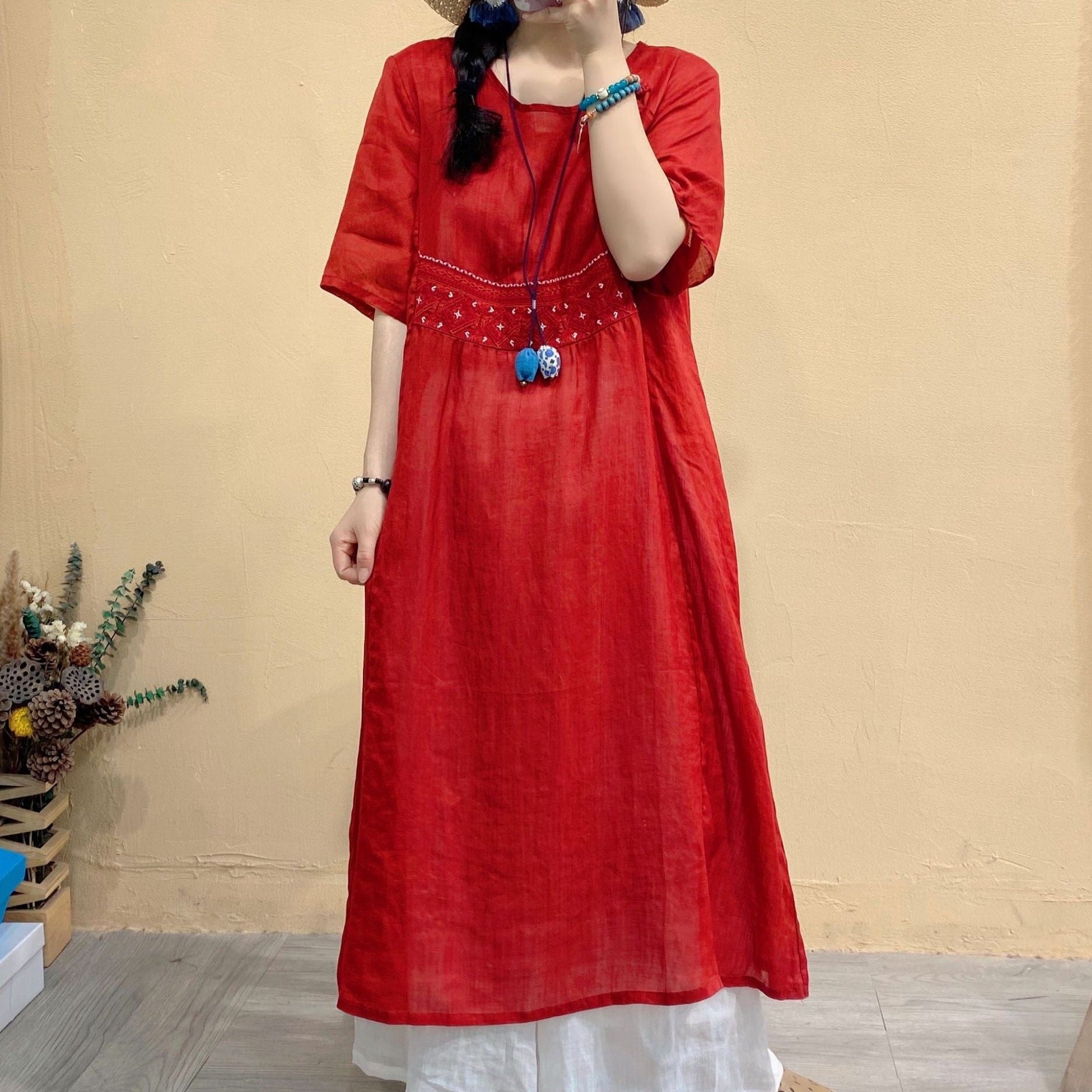 Buddhatrends Red / One Size Retro Ramie Patchwork Dress