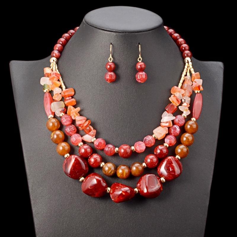 Buddhatrends Red Oversized Chunky Necklace &amp; Earrings Set