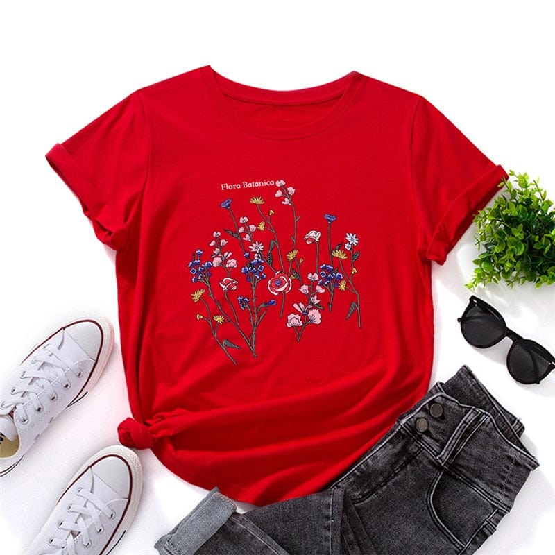 Buddhatrends Red / S Floral Summer Short-Sleeve Tee