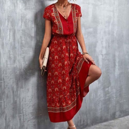 Buddhatrends Red / S Samaj Boho Floral φόρεμα