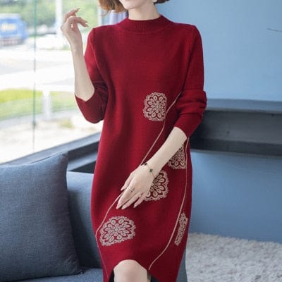 Buddhatrends red wine / L Floral Knitted Sweater Dress