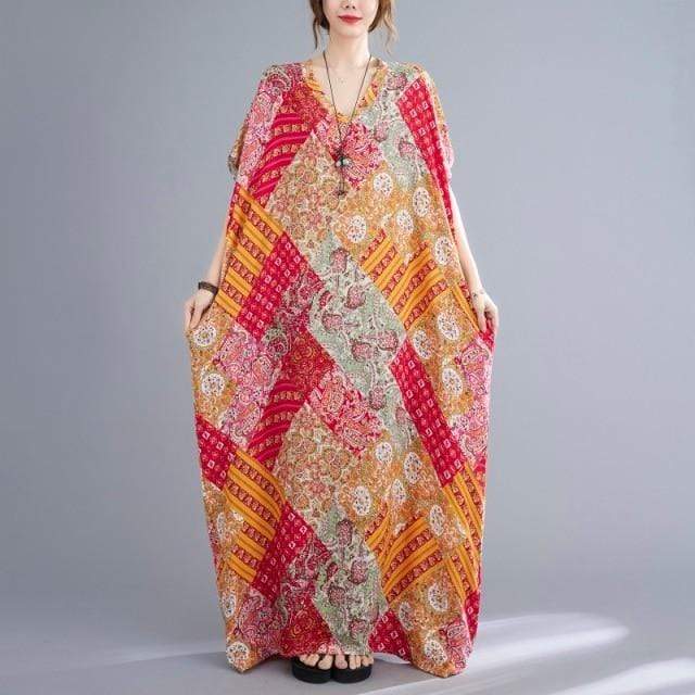 Buddhatrends rød gul / One Size Isabella Patchwork Print Kaftan kjole