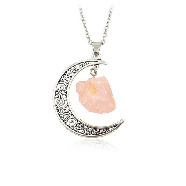 Buddhatrends Rose Quartz - Silver Waxing Moon Healing Crystal Pendant Necklace
