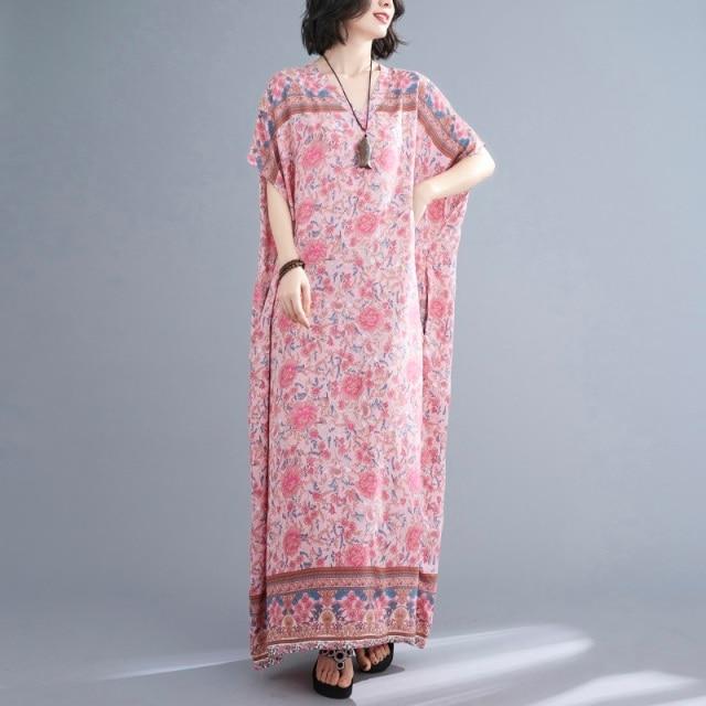 Розовое платье-кафтан с цветочным принтом Buddhatrends