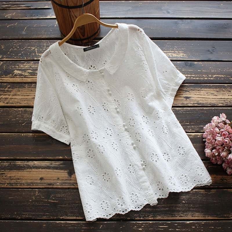 Buddhatrends Shirt white / S Luna Lace Short Sleeve Casual Blouse