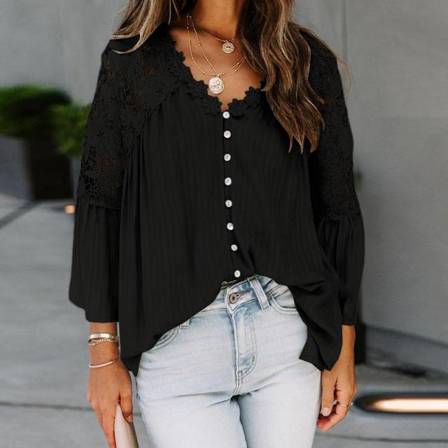 Buddhatrends πουκάμισα S / Black Boho Chic V Neck Floral Lace Blouse