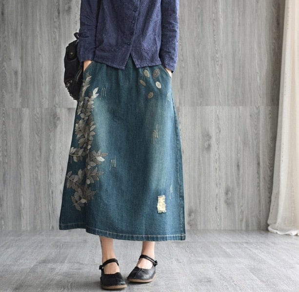 Buddhatrends Skirts Dark Blue / L Rhea Embroidered Floral Denim Skirt