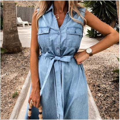 Buddhatrends Sleeveless Single Breasted Jeans Dress