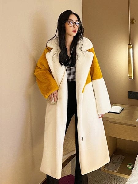 Buddhatrends Splicing Contrast Color Long Fluffy Coat