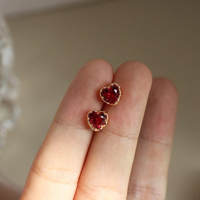 Buddhatrends stud  earring / Gold Red Heart 925 Sterling Silver Stud Earrings