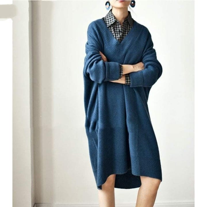 Buddhatrends Sweater Dresses Blue / One Size Averi V-neck Sweater Midi Dress