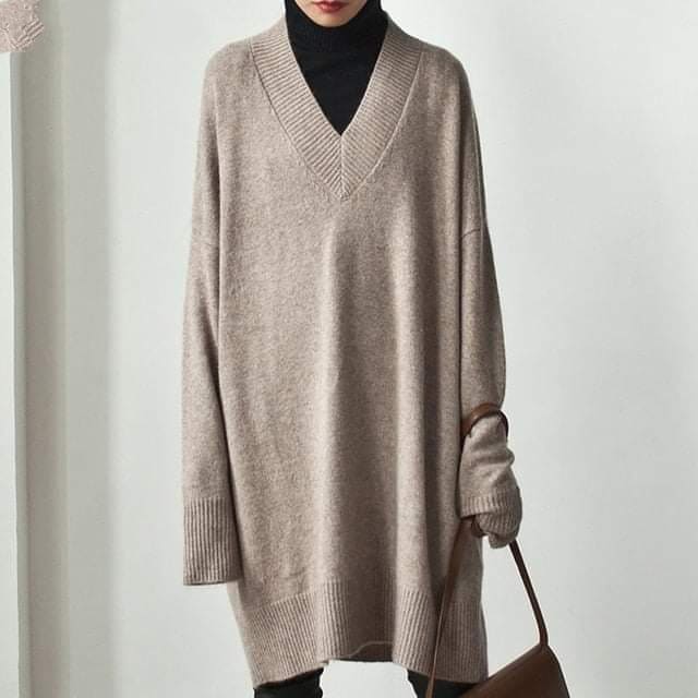 Buddhatrends Sweater Dresses Khaki / One Size Averi V-neck Sweater Midi Dress