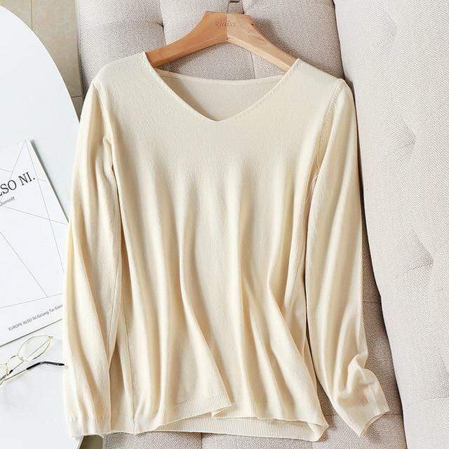 Buddhatrends sweater One Size / Beige Basic Long Sleeve V-Neck Shirt