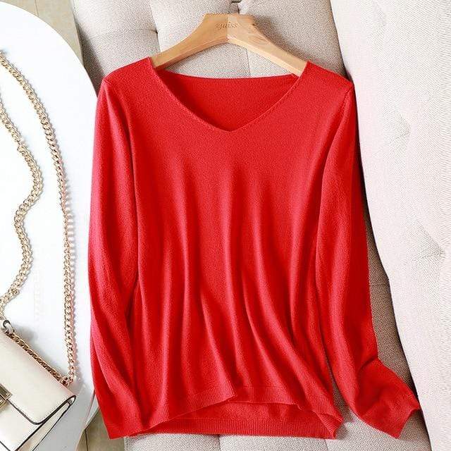 Buddhatrends sweater One Size / Red Basic Long Sleeve V-Neck Shirt